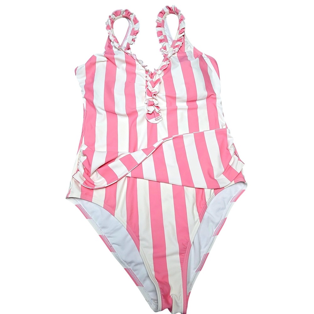 Women's Sweet Honey Large Pink White Striped Ruffle One Piece Swimsuit Retro